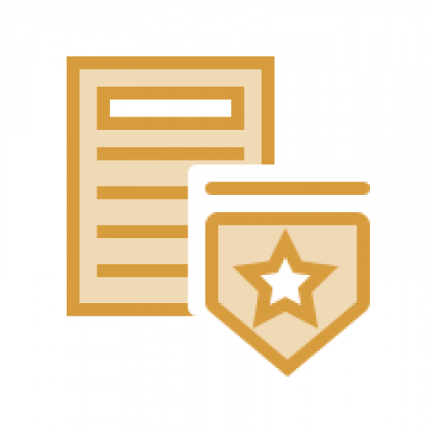 An orange line-darwing of a document with a military style medal with a star overlapping it.